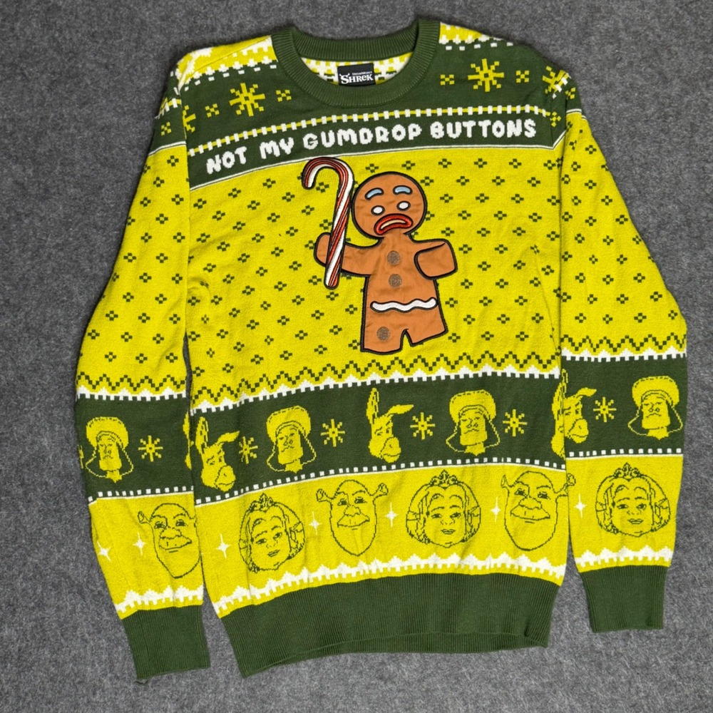 Shrek Gingerbread‎ Man Not My Gumdrop Buttons Ugly Christmas Sweater Green Small